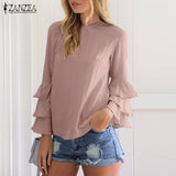 ZANZEA Women Blouses Shirts 2017 Autumn Elegant Ladies O-Neck Flounce Long Sleeve Solid Blusas Casual Loose Tops - wayoyo