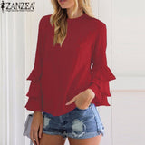 ZANZEA Women Blouses Shirts 2017 Autumn Elegant Ladies O-Neck Flounce Long Sleeve Solid Blusas Casual Loose Tops - wayoyo