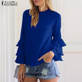 ZANZEA Women Blouses Shirts 2017 Autumn Elegant Ladies O-Neck Flounce Long Sleeve Solid Blusas Casual Loose Tops - wayoyo