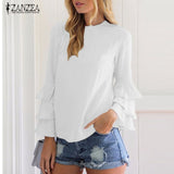 ZANZEA Women Blouses Shirts 2017 Autumn Elegant Ladies O-Neck Flounce Long Sleeve Solid Blusas Casual Loose Tops - wayoyo